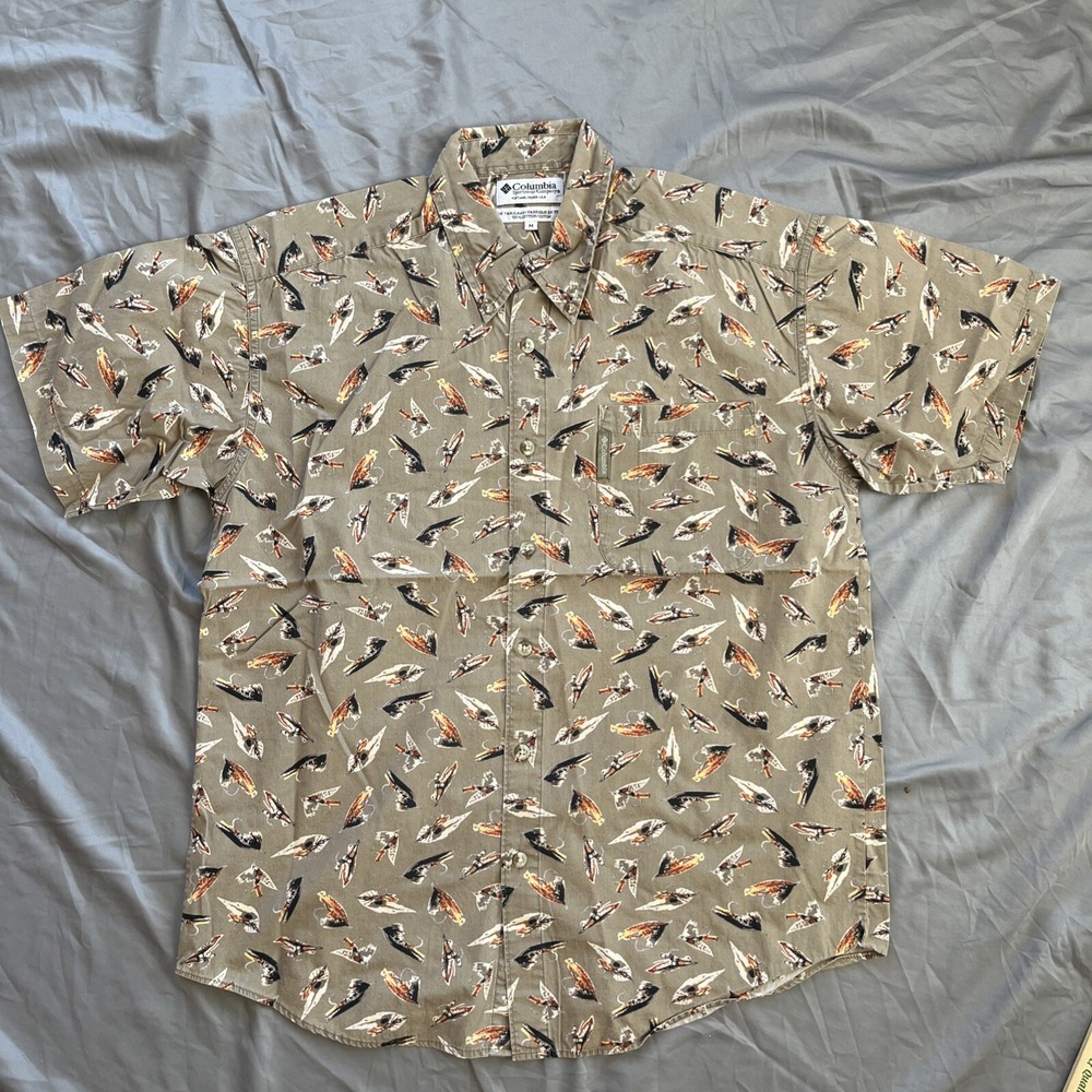 Columbia Men's Sz Med All Over Fly Fishing Lure Short Sleeve Button‎ Down Shirt